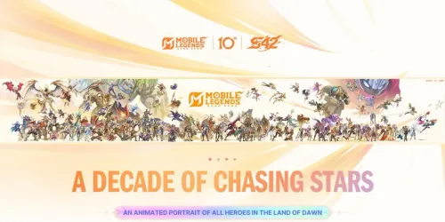 Key art resmi Moonton A Decade of Chasing Stars untuk anniversary ke-10 Mobile Legends: Bang Bang, menampilkan potret seluruh hero Land of Dawn dalam satu barisan