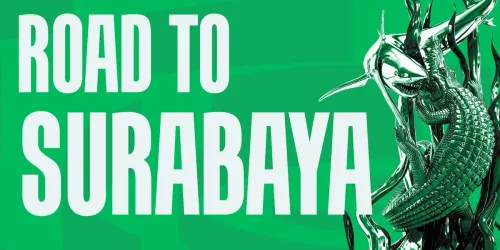 Key art resmi Road to Surabaya dari Moonton untuk playoff MPL Indonesia Season 18, tulisan putih di latar hijau dengan patung buaya dan ikan berwarna hijau metalik