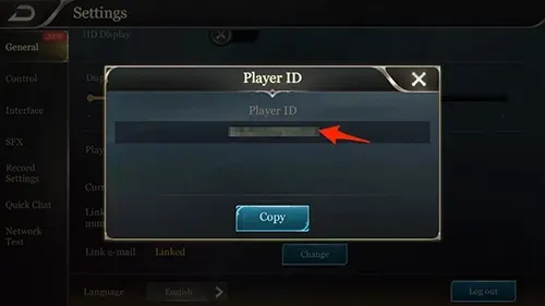 Arena of Valor settings General tab showing the account ID