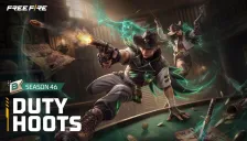 Key art resmi Booyah Pass Season 46 Duty Hoots Free Fire: karakter pria dan wanita bergaya koboi dengan roh burung hantu hijau di dalam saloon, bertuliskan Season 46 Duty Hoots