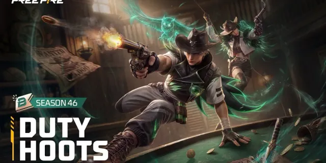 Key art resmi Booyah Pass Season 46 Duty Hoots Free Fire: karakter pria dan wanita bergaya koboi dengan roh burung hantu hijau di dalam saloon, bertuliskan Season 46 Duty Hoots