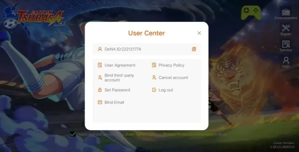 Captain Tsubasa: Ace User Center showing the DeNA ID