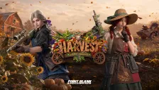 Wallpaper resmi Point Blank season Harvest Secret Garden: dua prajurit wanita bersenjata di ladang bunga matahari dengan logo HARVEST di tengah