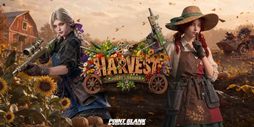 Wallpaper resmi Point Blank season Harvest Secret Garden: dua prajurit wanita bersenjata di ladang bunga matahari dengan logo HARVEST di tengah