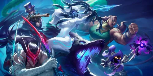 Key art resmi League of Legends dari pengumuman penggabungan server Asia Tenggara: Caitlyn, Yone, Kindred, Illaoi, dan Veigar