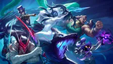 Key art resmi League of Legends dari pengumuman penggabungan server Asia Tenggara: Caitlyn, Yone, Kindred, Illaoi, dan Veigar