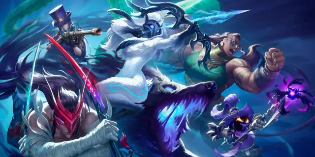 Key art resmi League of Legends dari pengumuman penggabungan server Asia Tenggara: Caitlyn, Yone, Kindred, Illaoi, dan Veigar