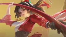 Official Honor of Kings key art showing the hero Mulan swinging a red blade on a golden background