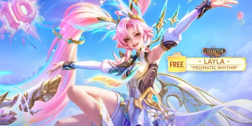 Artwork resmi Mobile Legends: Bang Bang: Layla Prismatic Rhythm berambut merah muda merentangkan tangan, dengan label FREE dan lencana Collector 10th