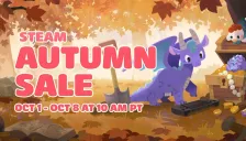 Gambar resmi trailer Steam Autumn Sale 2026: naga ungu kartun di hutan musim gugur di samping sekop, peti harta, dan perangkat genggam, dengan tulisan Steam Autumn Sale, Oct 1 - Oct 8 at 10 AM PT