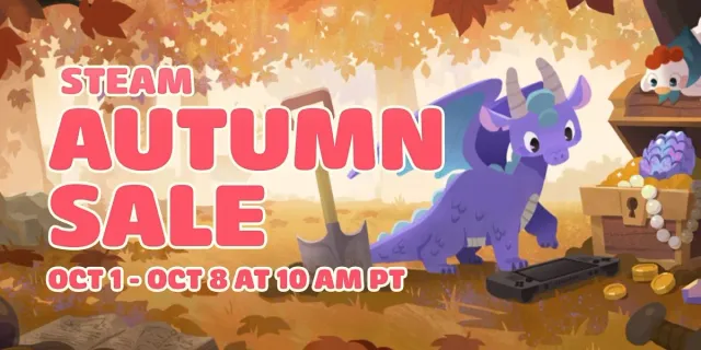 Gambar resmi trailer Steam Autumn Sale 2026: naga ungu kartun di hutan musim gugur di samping sekop, peti harta, dan perangkat genggam, dengan tulisan Steam Autumn Sale, Oct 1 - Oct 8 at 10 AM PT