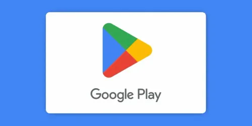 Ilustrasi resmi kartu voucher Google Play: kartu putih dengan logo segitiga Google Play berwarna hijau, biru, merah, dan kuning serta tulisan Google Play, di atas latar biru