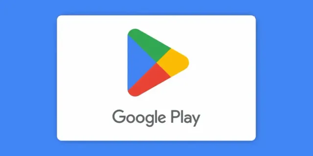 Ilustrasi resmi kartu voucher Google Play: kartu putih dengan logo segitiga Google Play berwarna hijau, biru, merah, dan kuning serta tulisan Google Play, di atas latar biru
