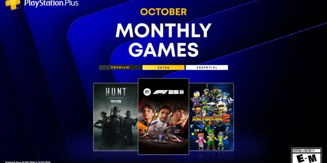Official PlayStation Plus October 2026 Monthly Games key art: covers of Hunt: Showdown 1896, F1 25 and Earth Defense Force: World Brothers 2 on a blue background with the PlayStation Plus logo