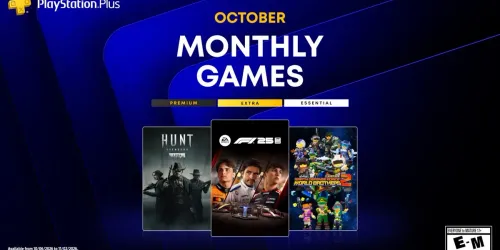 Key art resmi PlayStation Plus Monthly Games Oktober 2026: sampul Hunt: Showdown 1896, F1 25, dan Earth Defense Force: World Brothers 2 di latar biru dengan logo PlayStation Plus