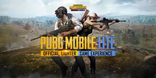 Key art resmi PUBG Mobile Lite: dua karakter bersenjata saling memunggungi di atas bukit, dengan tulisan PUBG MOBILE LITE, Official, Lighter, Same Experience
