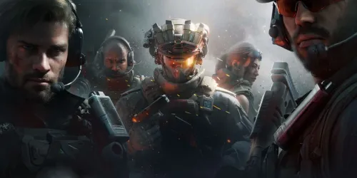 Key visual resmi Garena Delta Force: lima Operator berperlengkapan taktis dengan headset dan senjata di tengah asap dan percikan api