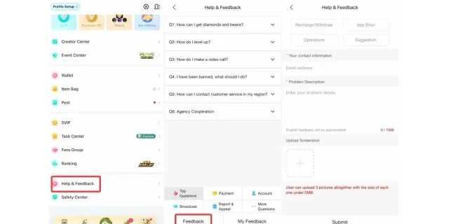 Tangkapan layar resmi aplikasi BIGO LIVE dari pusat bantuan Bigo: halaman Me dengan menu Wallet dan Help & Feedback, daftar pertanyaan Help & Feedback, dan formulir Feedback dengan pilihan Recharge/Withdraw