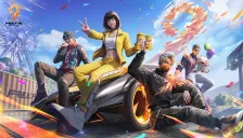 Official Free Fire 9th anniversary key art: four characters relaxing around a sports car, one in a yellow jacket holding two drinks, with the 9th Anniversary logo top left