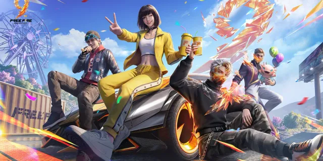 Official Free Fire 9th anniversary key art: four characters relaxing around a sports car, one in a yellow jacket holding two drinks, with the 9th Anniversary logo top left