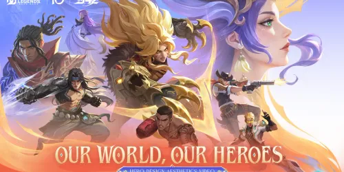 Key art resmi Mobile Legends: Bang Bang Our World, Our Heroes untuk hero revamp ulang tahun ke-10: delapan hero dari berbagai budaya dengan logo MLBB, 10th, dan S42