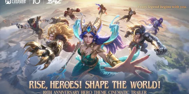 Official Mobile Legends: Bang Bang key art from the 10th Anniversary Hero Theme trailer: a group of heroes flying above the clouds with the MLBB, 10th and S42 logos and the line Rise, Heroes! Shape the World!