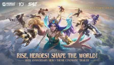 Official Mobile Legends: Bang Bang key art from the 10th Anniversary Hero Theme trailer: a group of heroes flying above the clouds with the MLBB, 10th and S42 logos and the line Rise, Heroes! Shape the World!
