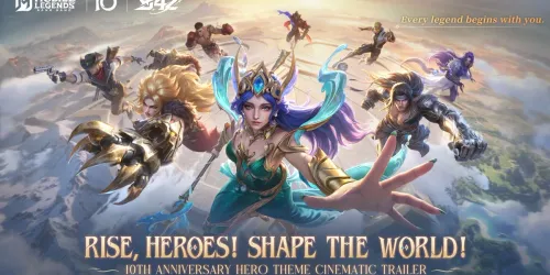 Key art resmi Mobile Legends: Bang Bang dari trailer Hero Theme ulang tahun ke-10: sekelompok hero melayang di atas awan dengan logo MLBB, 10th, S42, dan tulisan Rise, Heroes! Shape the World!