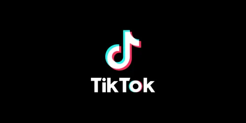 Logo resmi TikTok berwarna putih dengan aksen cyan dan merah di atas latar hitam