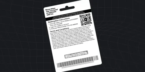 Gambar resmi Roblox bagian belakang kartu hadiah Roblox: petunjuk redeem di Roblox.com/redeem, kode QR, syarat dan ketentuan, contoh PIN, dan barcode
