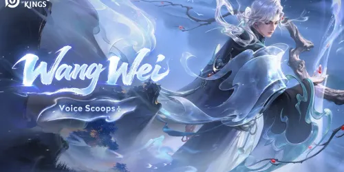 Thumbnail resmi Honor of Kings untuk video Voice Scoops Wang Wei: hero berambut perak berjubah gelap di tengah kabut biru dan ranting buah merah, dengan tulisan Wang Wei dan logo Honor of Kings