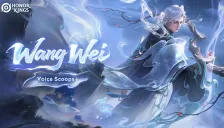 Thumbnail resmi Honor of Kings untuk video Voice Scoops Wang Wei: hero berambut perak berjubah gelap di tengah kabut biru dan ranting buah merah, dengan tulisan Wang Wei dan logo Honor of Kings