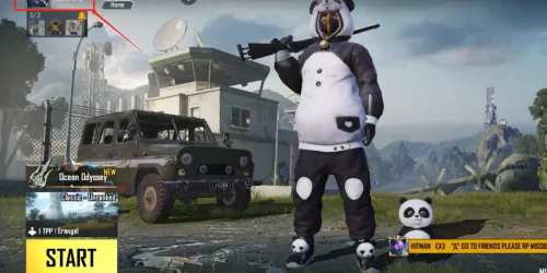 Screenshot lobi PUBG Mobile dari panduan resmi Midasbuy, avatar di pojok kiri atas ditandai kotak merah sebagai jalan ke profil dan ID Karakter