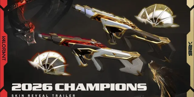 Thumbnail resmi trailer skin VALORANT Champions 2026: dua Phantom putih keemasan, dua melee berbentuk kipas, kepala naga hitam merah dan emas, dengan tulisan 2026 Champions Skin Reveal Trailer