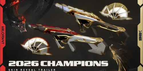 Thumbnail resmi trailer skin VALORANT Champions 2026: dua Phantom putih keemasan, dua melee berbentuk kipas, kepala naga hitam merah dan emas, dengan tulisan 2026 Champions Skin Reveal Trailer