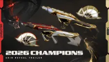 Thumbnail resmi trailer skin VALORANT Champions 2026: dua Phantom putih keemasan, dua melee berbentuk kipas, kepala naga hitam merah dan emas, dengan tulisan 2026 Champions Skin Reveal Trailer