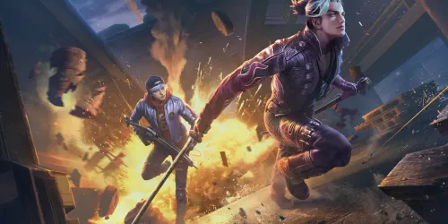Key art resmi Free Fire: dua karakter melompat menembus ledakan api di dalam bangunan