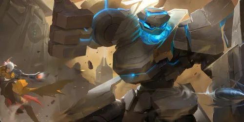 Artwork resmi Dunshan dari situs Honor of Kings versi China: raksasa batu berkepala biru menyala menahan peluru dengan perisai energi, seorang penembak berambut putih membidik dari kiri
