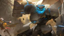 Official Dunshan artwork from the Chinese Honor of Kings website: a stone giant with a glowing blue head blocks a bullet with an energy shield while a white-haired gunner aims from the left