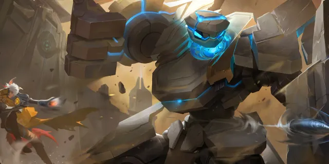 Official Dunshan artwork from the Chinese Honor of Kings website: a stone giant with a glowing blue head blocks a bullet with an energy shield while a white-haired gunner aims from the left