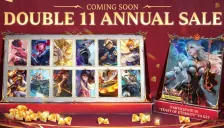 Banner resmi Mobile Legends: Bang Bang bertuliskan Coming Soon Double 11 Annual Sale, berisi 12 kartu skin dan kartu skin Legend Kagura Feast of Eternity berambut putih