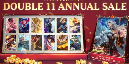 Banner resmi Mobile Legends: Bang Bang bertuliskan Coming Soon Double 11 Annual Sale, berisi 12 kartu skin dan kartu skin Legend Kagura Feast of Eternity berambut putih