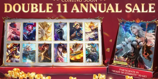 Banner resmi Mobile Legends: Bang Bang bertuliskan Coming Soon Double 11 Annual Sale, berisi 12 kartu skin dan kartu skin Legend Kagura Feast of Eternity berambut putih