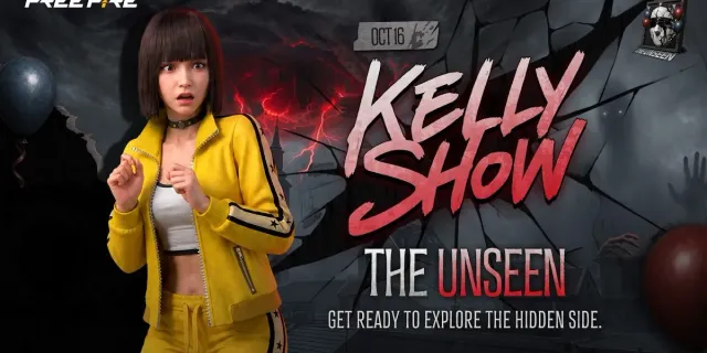 Official Kelly Show The Unseen thumbnail from Garena Free Fire: Kelly in a yellow jacket looking scared, an OCT 16 tag, The Unseen logo, and the line Get Ready to Explore the Hidden Side