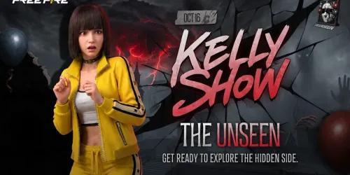 Thumbnail resmi Kelly Show The Unseen dari Garena Free Fire: Kelly berjaket kuning tampak ketakutan, tulisan OCT 16, logo The Unseen, dan teks Get Ready to Explore the Hidden Side