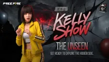 Official Kelly Show The Unseen thumbnail from Garena Free Fire: Kelly in a yellow jacket looking scared, an OCT 16 tag, The Unseen logo, and the line Get Ready to Explore the Hidden Side