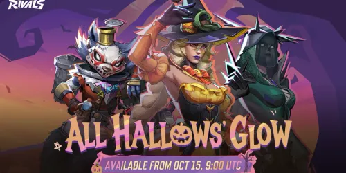 Banner resmi event All Hallows' Glow Marvel Rivals berisi Rocket Raccoon, Scarlet Witch, dan Hela dalam kostum Halloween dengan tulisan Available from Oct 15, 9:00 UTC