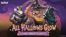 แบนเนอร์ทางการของอีเวนต์ All Hallows' Glow ใน Marvel Rivals มี Rocket Raccoon, Scarlet Witch และ Hela ในชุดฮาโลวีน พร้อมข้อความ Available from Oct 15, 9:00 UTC