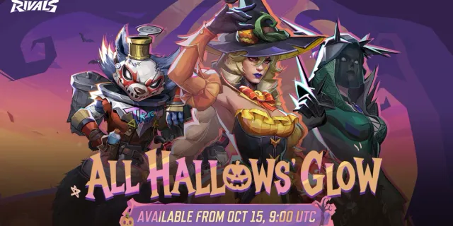 แบนเนอร์ทางการของอีเวนต์ All Hallows' Glow ใน Marvel Rivals มี Rocket Raccoon, Scarlet Witch และ Hela ในชุดฮาโลวีน พร้อมข้อความ Available from Oct 15, 9:00 UTC