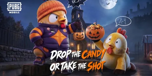 Key art resmi PUBG Mobile Halloweek Candy Project: maskot ayam Chicko berjaket ungu memegang kantong labu di depan kastel malam berbulan purnama, bertuliskan Drop the Candy or Take the Shot